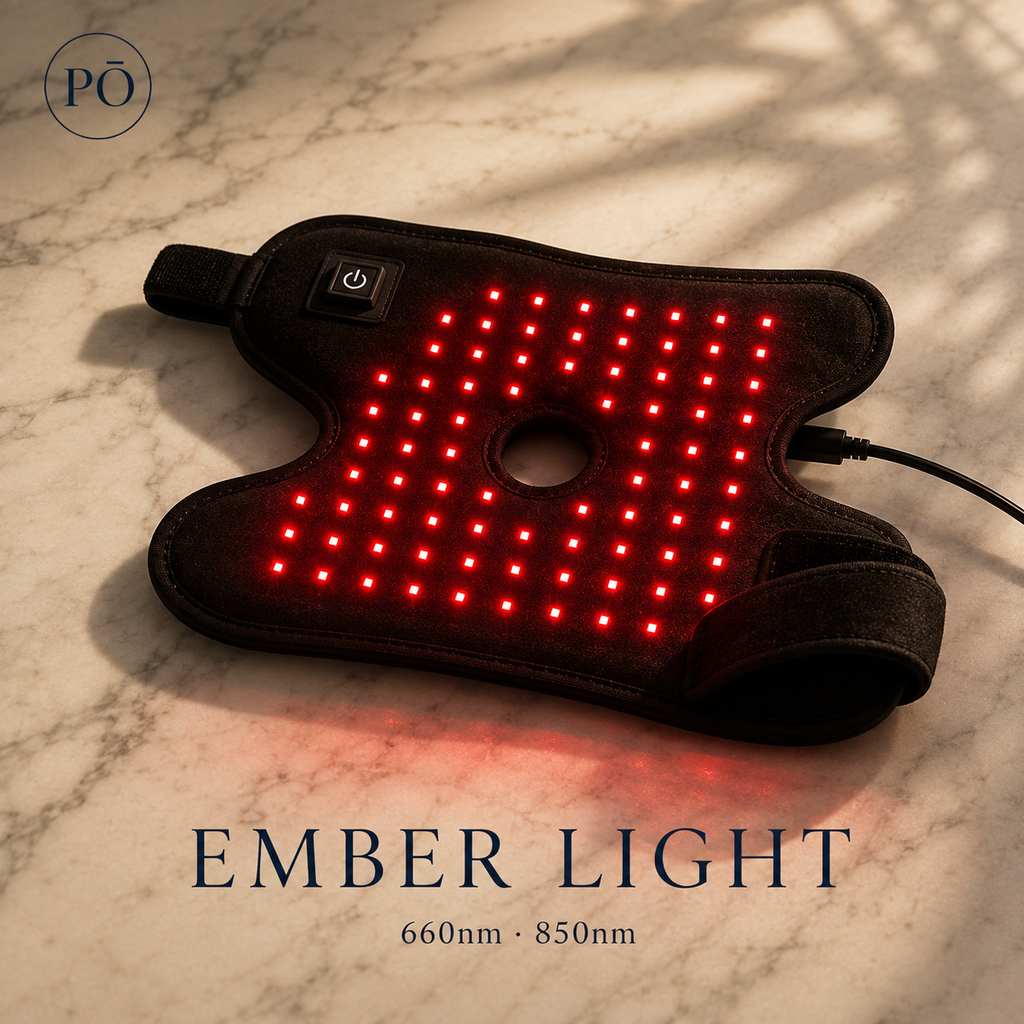 PHŌRMA Ember Light red light therapy ankle wrap on marble surface, brand title card