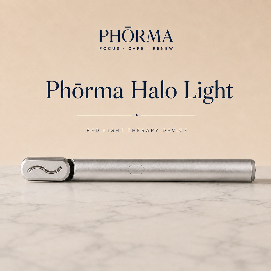 PHÕRMA Halo Light red light therapy wand standing on a marble surface, brand title card