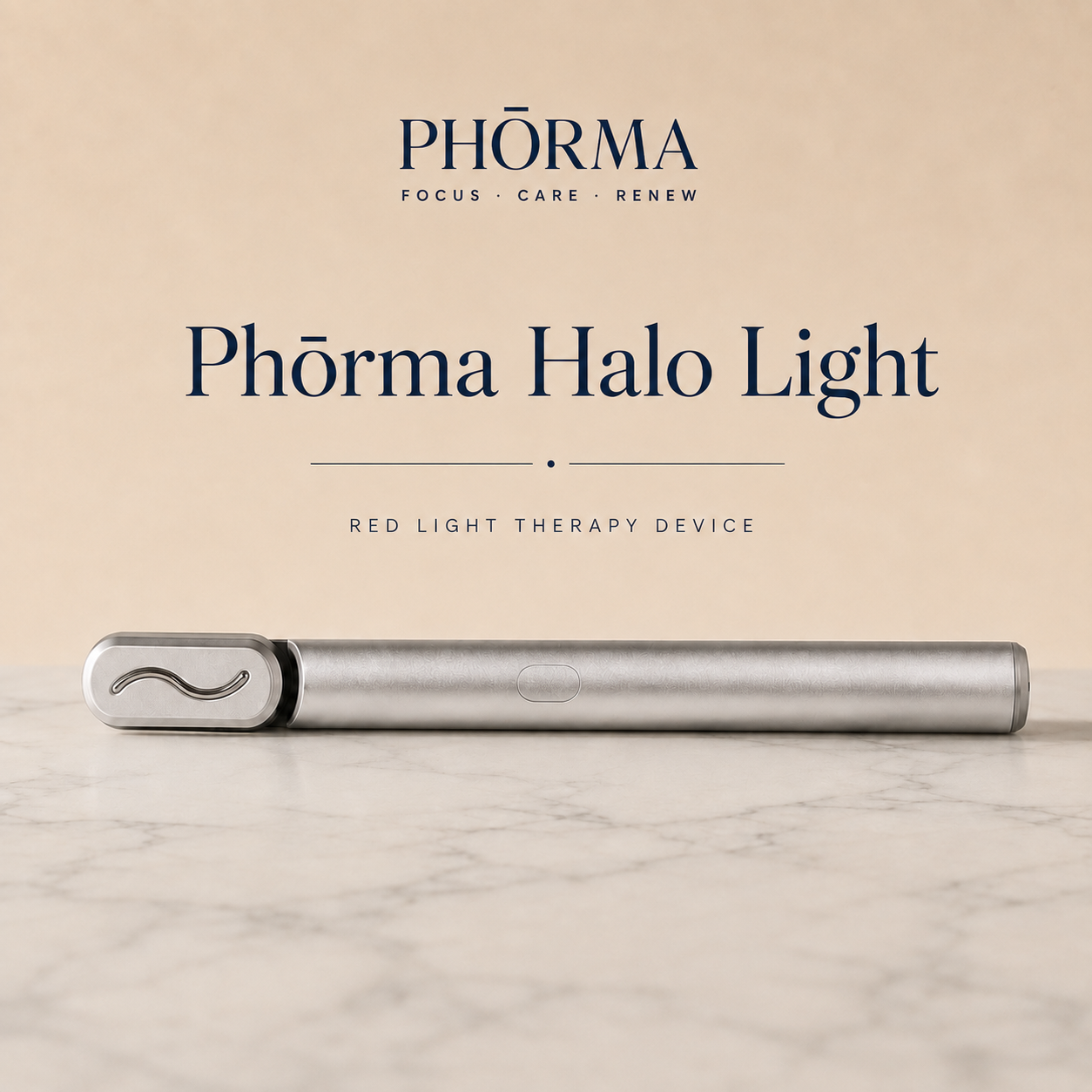 PHÕRMA Halo Light red light therapy wand standing on a marble surface, brand title card