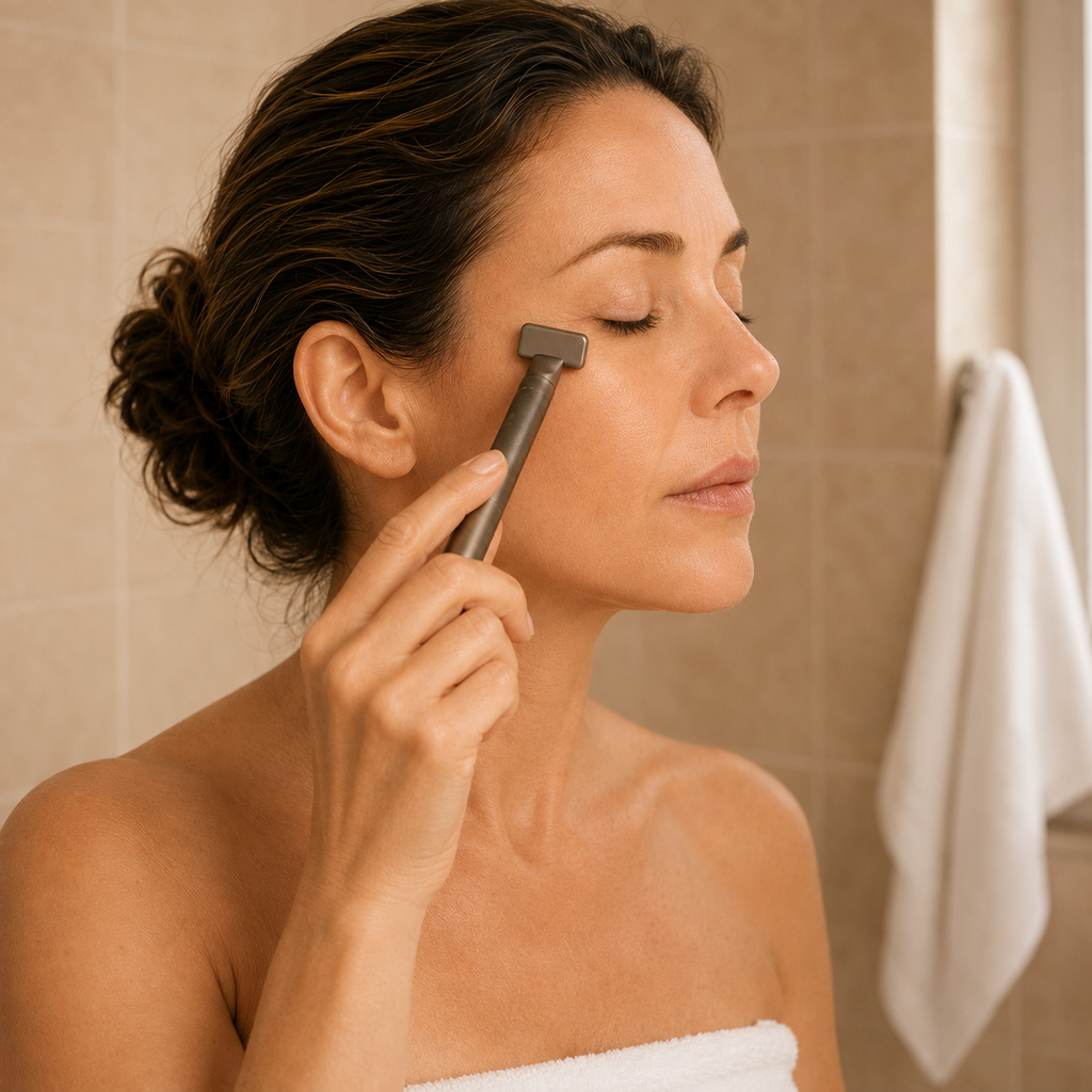 Woman using PHÕRMA Halo Light under her eye during a bathroom skincare routine