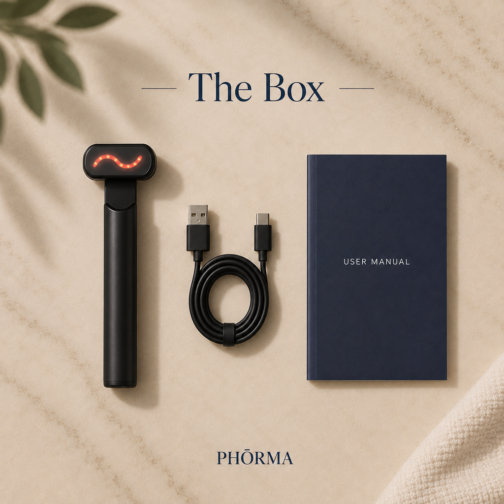 PHÕRMA Halo Light box contents: wand, USB charging cable and user manual