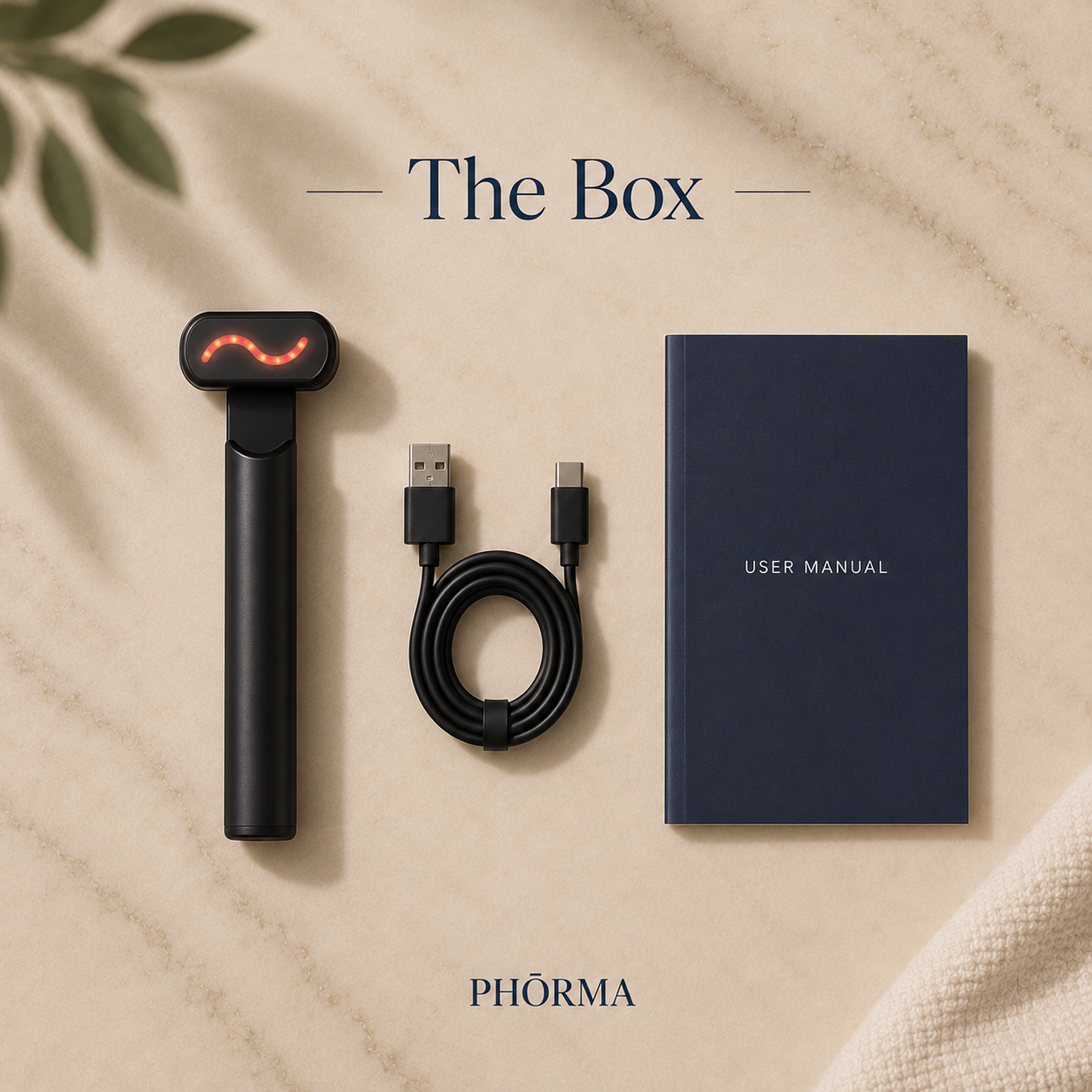 PHÕRMA Halo Light box contents: wand, USB charging cable and user manual