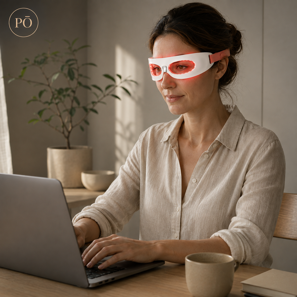 Woman wearing PHŌRMA Vista Light while working at a laptop, red light therapy during her day