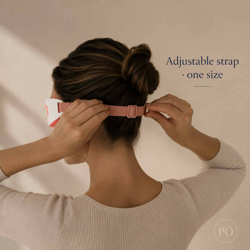 Woman adjusting the adjustable one-size strap of PHŌRMA Vista Light behind her head