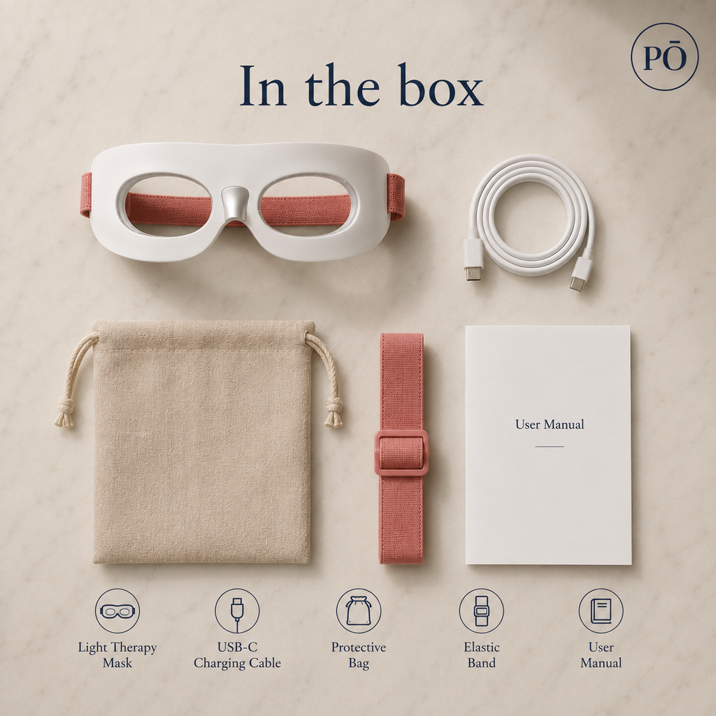 PHŌRMA Vista Light box contents: light therapy mask, USB-C charging cable, protective bag, elastic band and user manual
