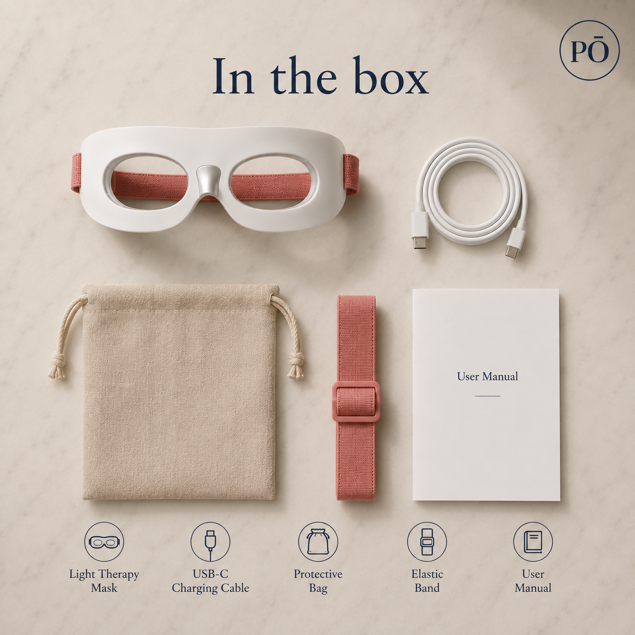 PHŌRMA Vista Light box contents: light therapy mask, USB-C charging cable, protective bag, elastic band and user manual