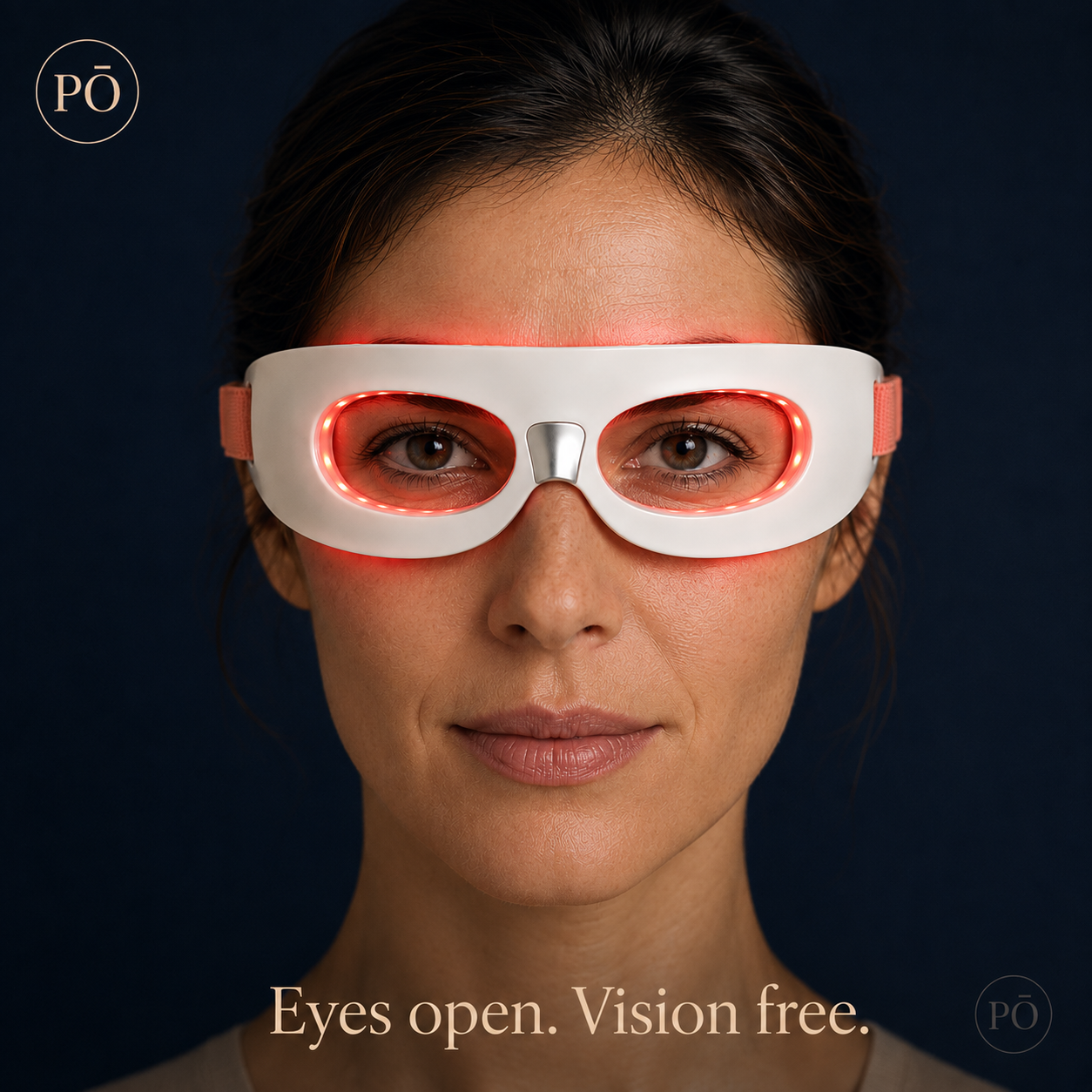 Woman wearing PHŌRMA Vista Light red light glasses with LEDs glowing around both eyes, eyes open and visible