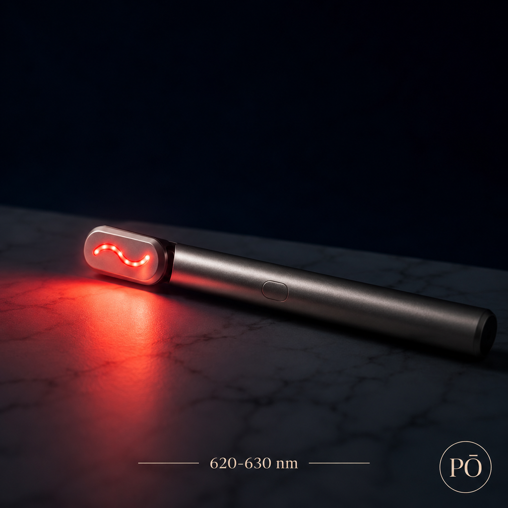 PHÕRMA Halo Light glowing red on a dark marble surface, 620-630nm wavelength