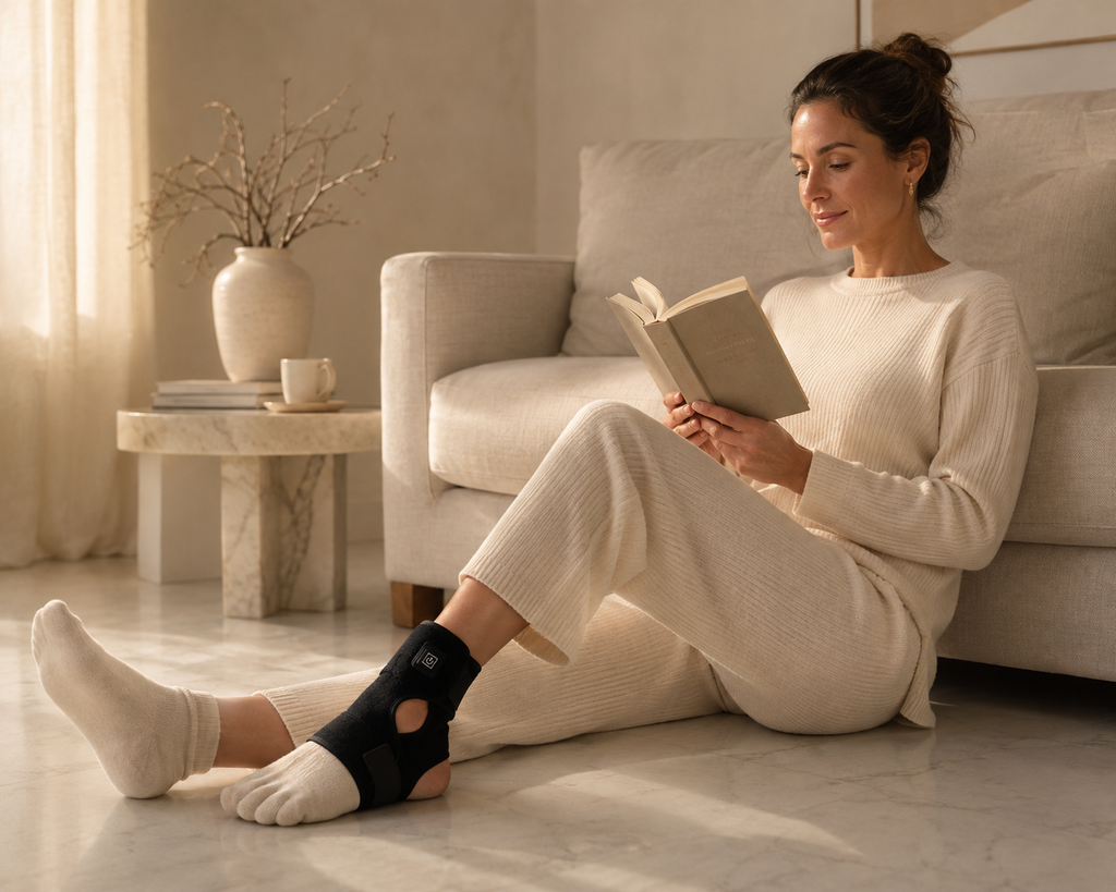 Woman wearing PHŌRMA Ember Light ankle wrap glowing red while reading at home
