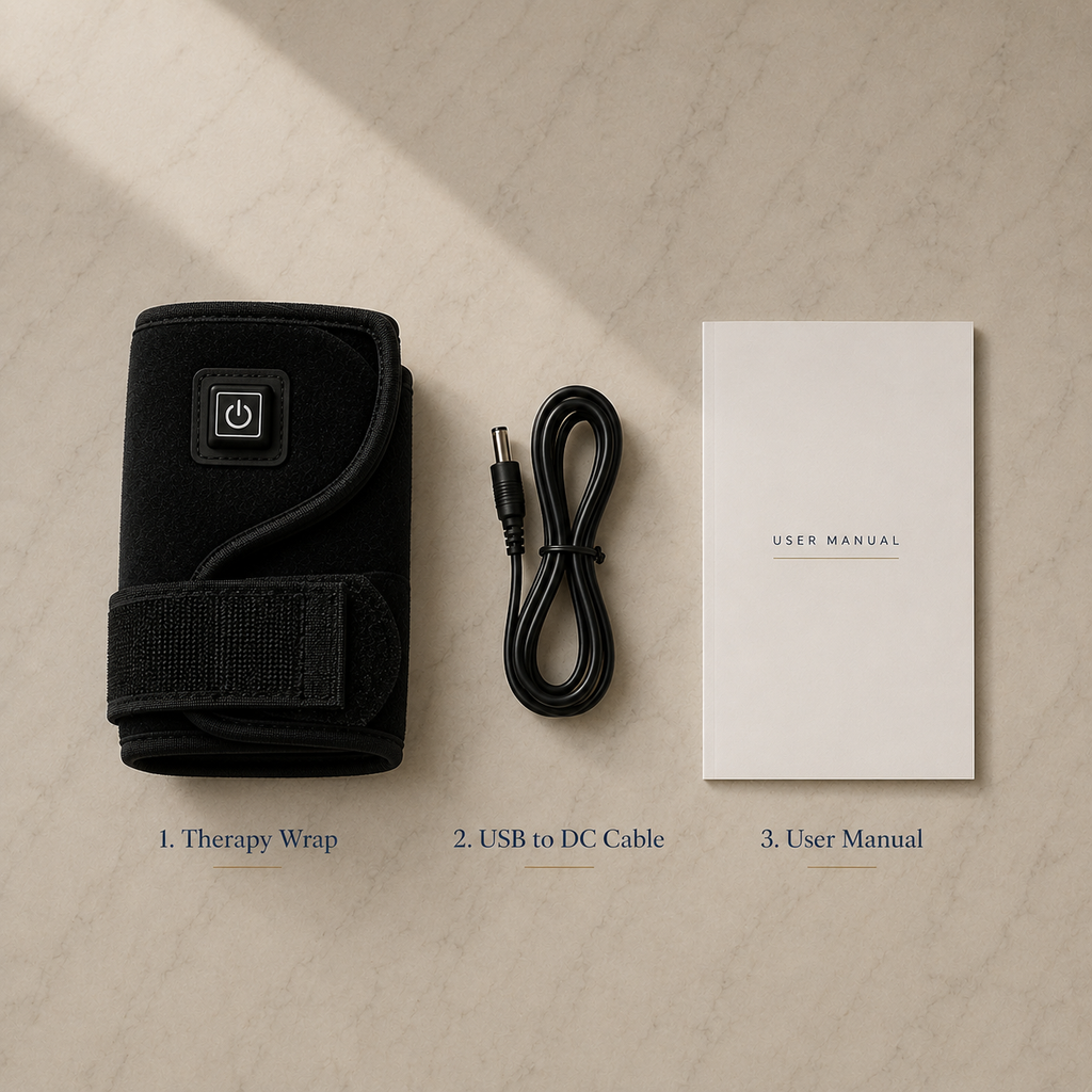 PHŌRMA Ember Light box contents: ankle wrap, USB to DC cable and user manual