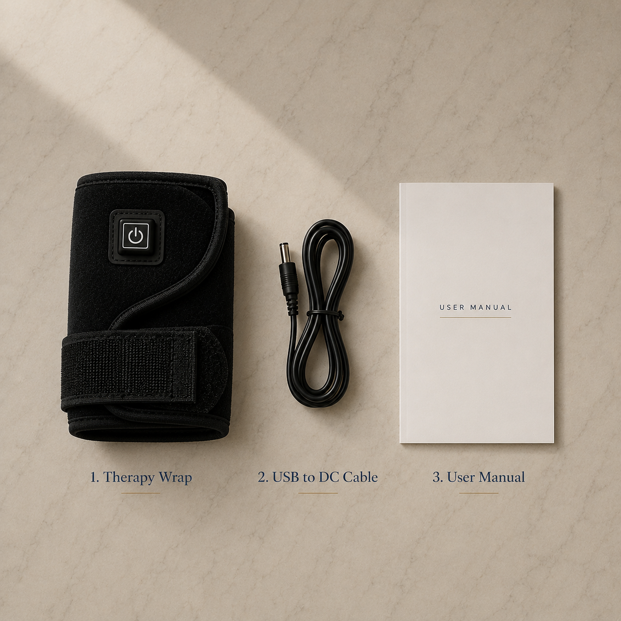 PHŌRMA Ember Light box contents: ankle wrap, USB to DC cable and user manual