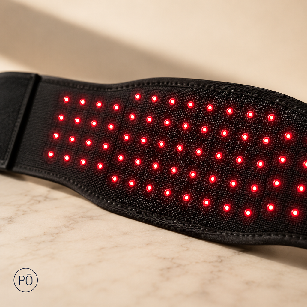 Close-up of the PHŌRMA Flex Light belt's grid of red LEDs glowing against the black fabric