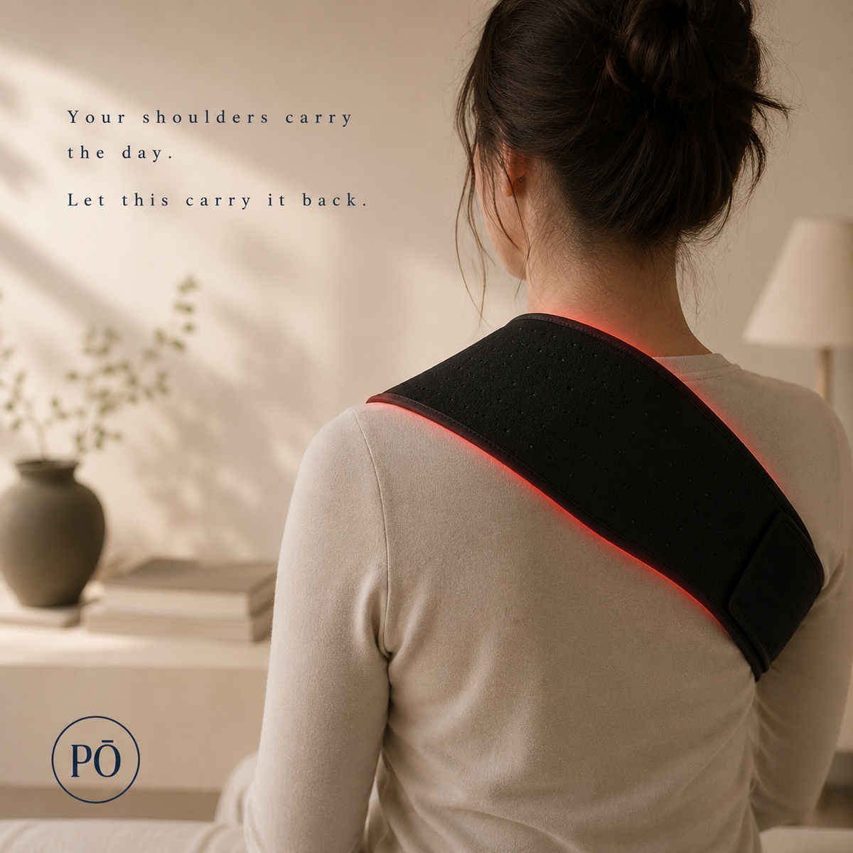 Woman wearing the PHŌRMA Flex Light belt wrapped over her shoulder and neck, red light glowing along the edge