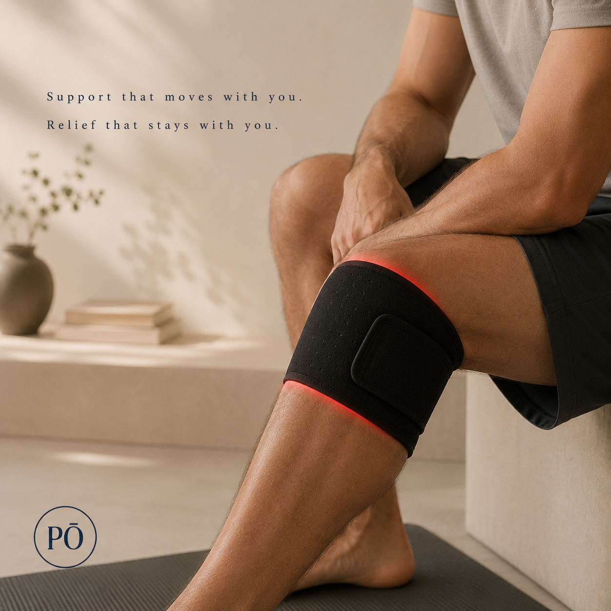 Man sitting with the PHŌRMA Flex Light belt wrapped around his knee, red light glowing along the edge, on a yoga mat