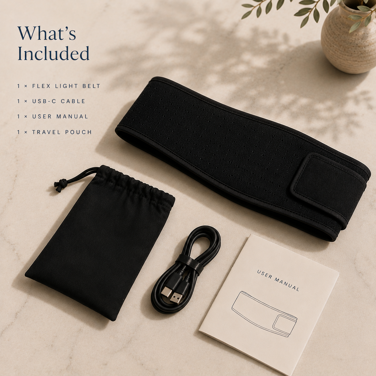 PHŌRMA Flex Light box contents: therapy belt, USB-C cable, user manual and travel pouch laid out on a marble surface