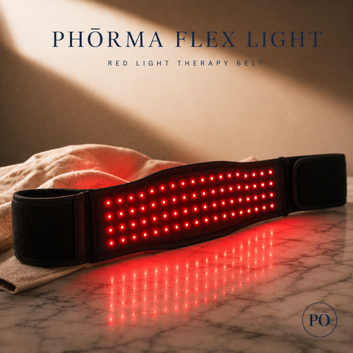 PHŌRMA Flex Light red and near-infrared light therapy belt glowing on a marble surface, with the PŌ monogram