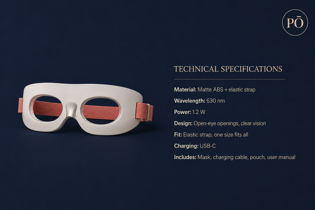 PHŌRMA Vista Light technical specifications: matte ABS material, 630nm wavelength, 1.2W power, USB-C charging
