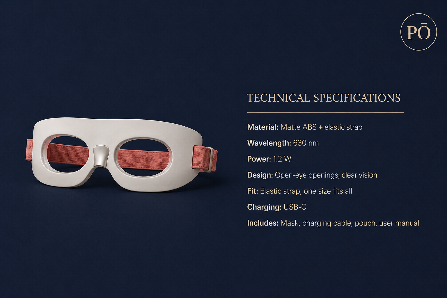 PHŌRMA Vista Light technical specifications: matte ABS material, 630nm wavelength, 1.2W power, USB-C charging