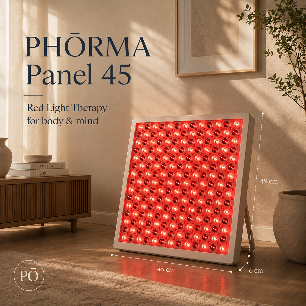 PHŌRMA Panel 45 red light therapy panel on its included desktop stand, slim flat profile