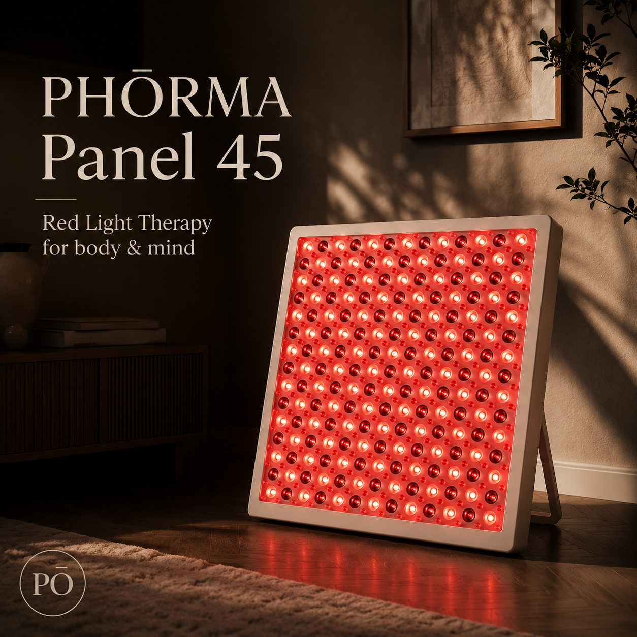 PHŌRMA Panel 45 red and near-infrared LED therapy panel, 660nm and 850nm, on a marble surface with the PŌ monogram