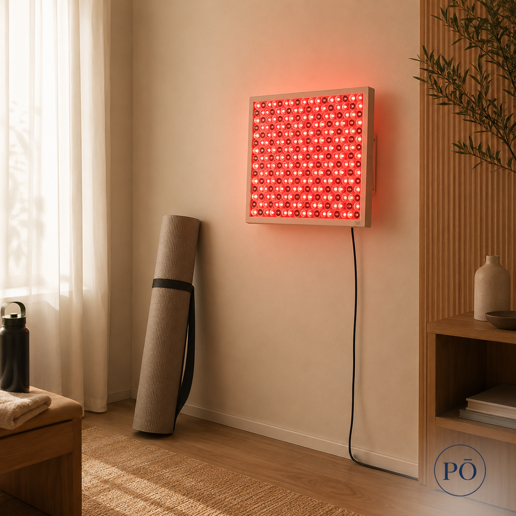 PHŌRMA Panel 45 mounted on the wall for a hands-free 10 to 15 minute red light session on the back