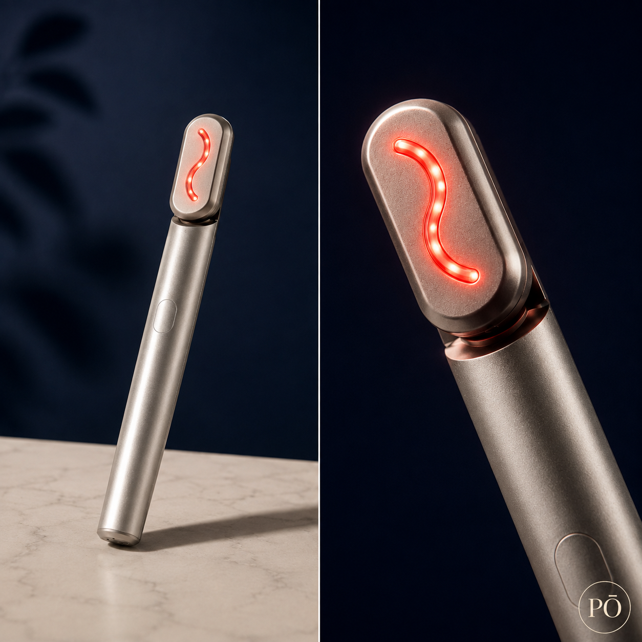 PHÕRMA Halo Light wand glowing red, full view and close-up of the illuminated head
